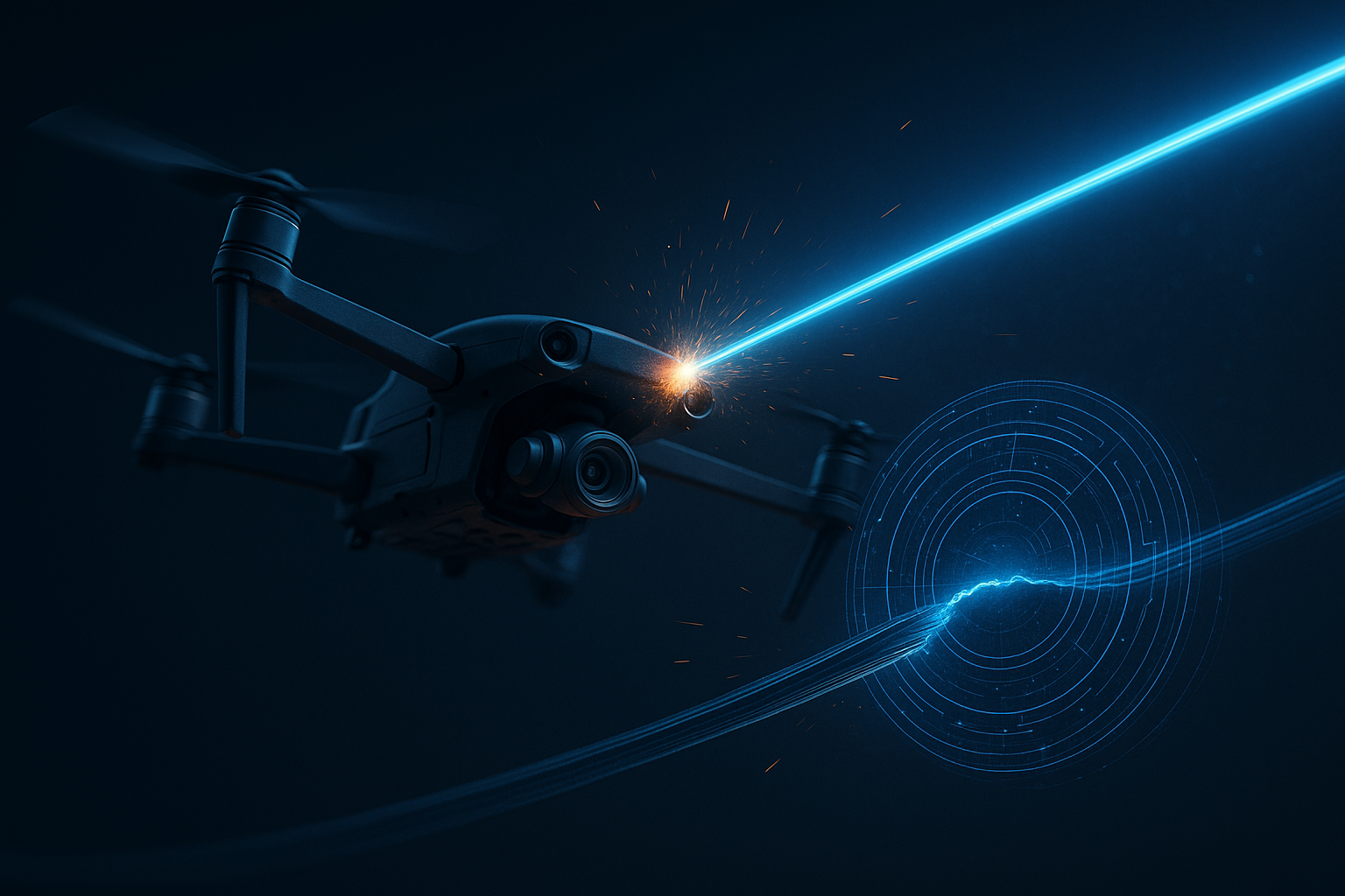 Drone on dark background with laser style light pointing to the front. Indicative of new technologies for anti-fiber drone tech. Provided by Kaizen Labs a partner of Defense Tech for Ukraine