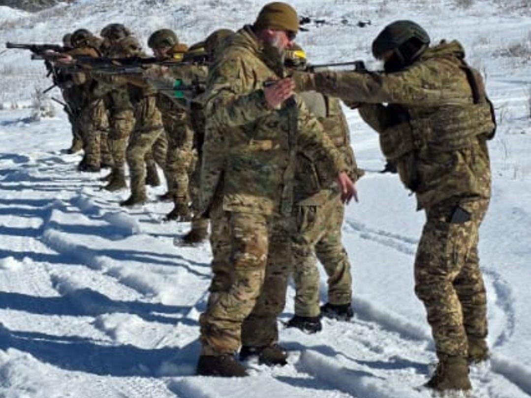 Ukrainian soldiers engaging in a group training session