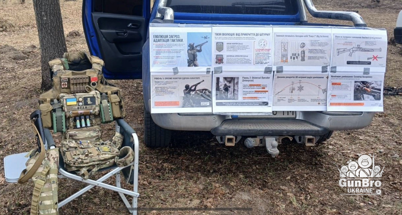 Field training materials developed for drone defense instruction, referencing engagement distances and ammunition descriptions